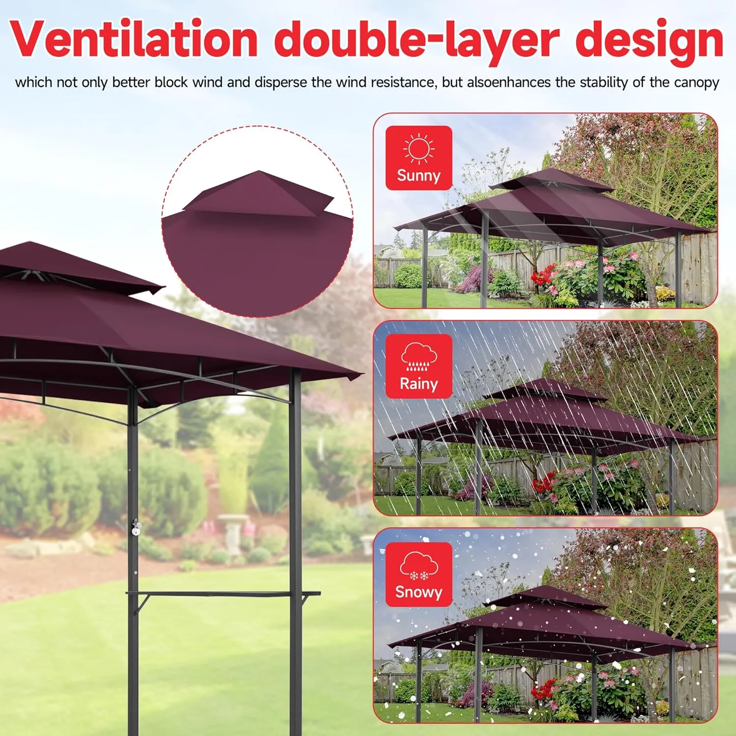 Gazebo Canopy Replacement Top - Grill Gazebo Replacement Canopy Roof – 5x8 Outdoor Grill Shelter Canopy Top Double Tiered BBQ Tent Cover (Claret)