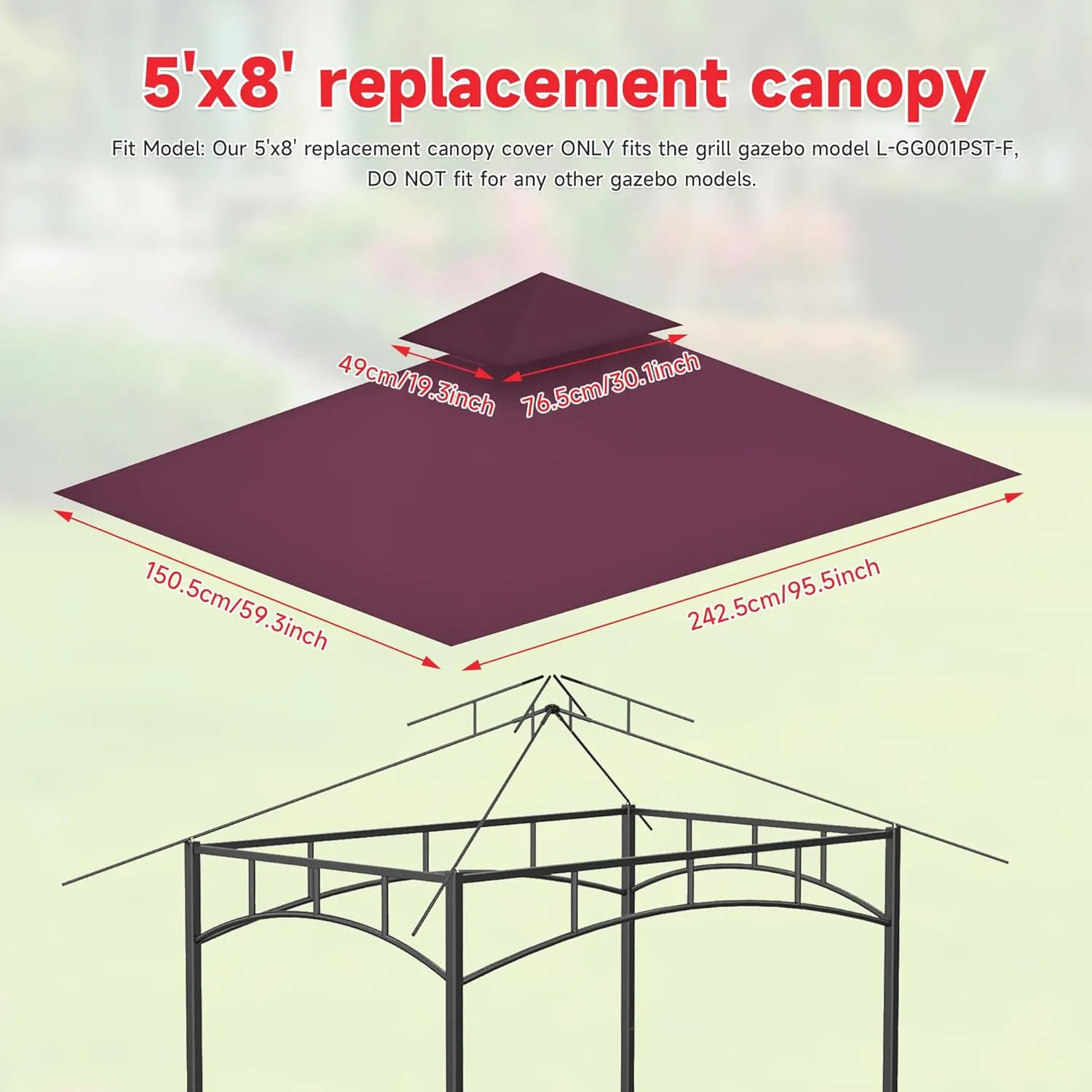Gazebo Canopy Replacement Top - Grill Gazebo Replacement Canopy Roof – 5x8 Outdoor Grill Shelter Canopy Top Double Tiered BBQ Tent Cover (Claret)
