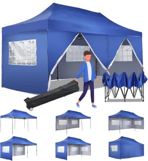 GDY 10'x20' Pop Up Canopy, Folding Party Tent with 6-Panel Removable Sidewalls, Heavy Duty Outdoor Commercial Instant Gazebo with Wheeled Bag, Blue.
