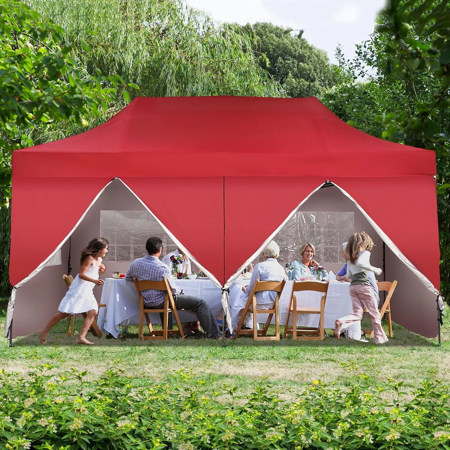 GDY 10'x20' Pop Up Canopy, Folding Party Tent with 6-Panel Removable Sidewalls, Heavy Duty Outdoor Commercial Instant Gazebo with Wheeled Bag, Red.