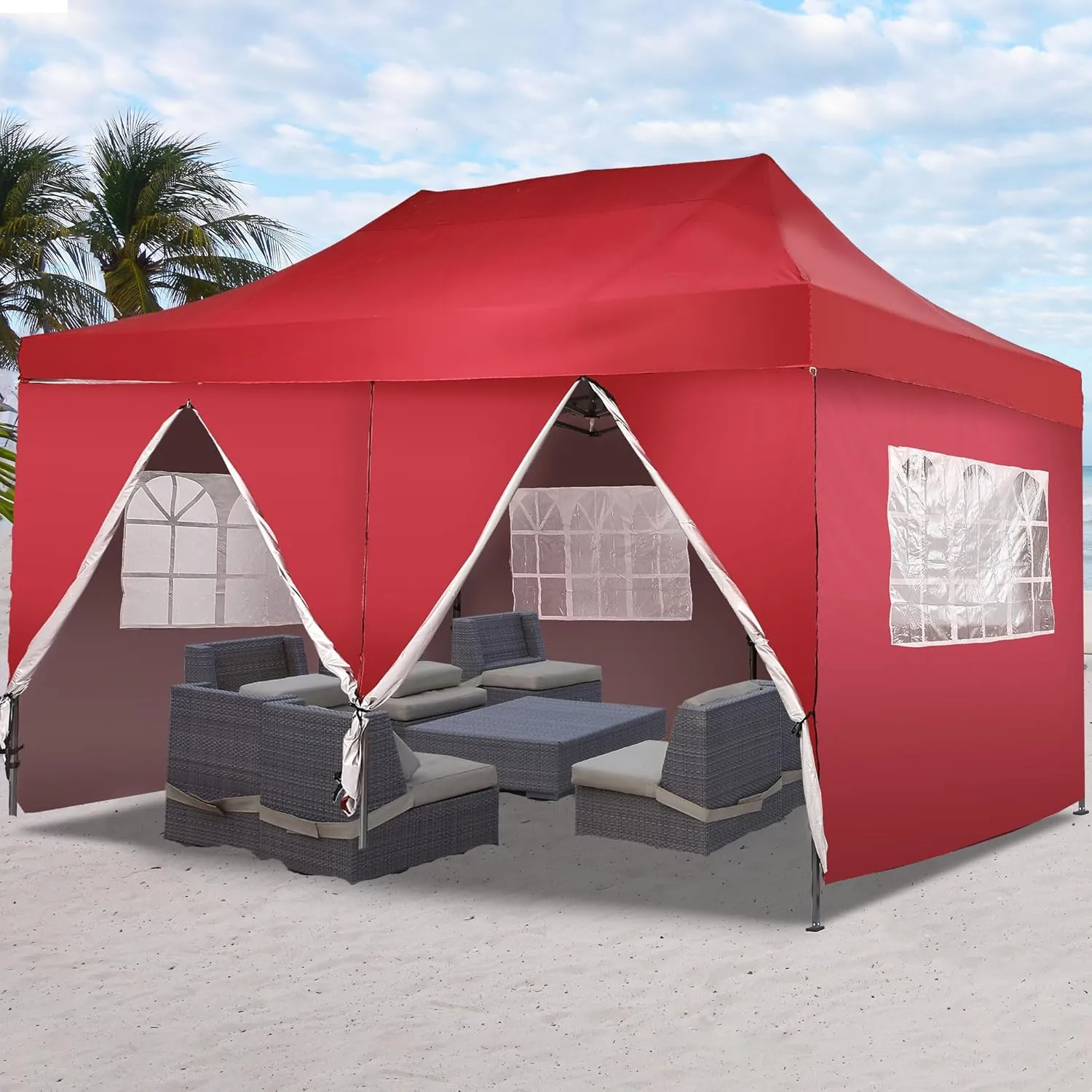 GDY 10'x20' Pop Up Canopy, Folding Party Tent with 6-Panel Removable Sidewalls, Heavy Duty Outdoor Commercial Instant Gazebo with Wheeled Bag, Red.