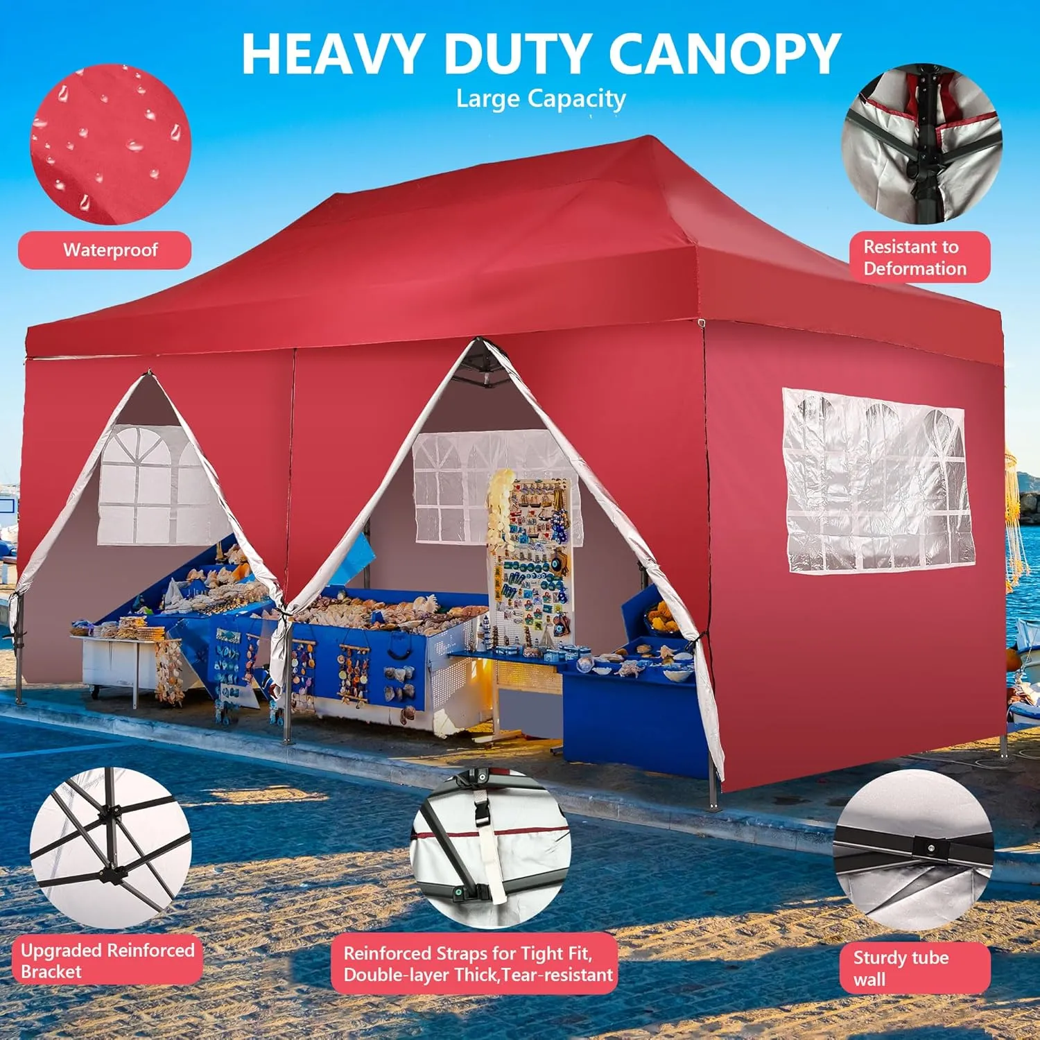 GDY 10'x20' Pop Up Canopy, Folding Party Tent with 6-Panel Removable Sidewalls, Heavy Duty Outdoor Commercial Instant Gazebo with Wheeled Bag, Red.
