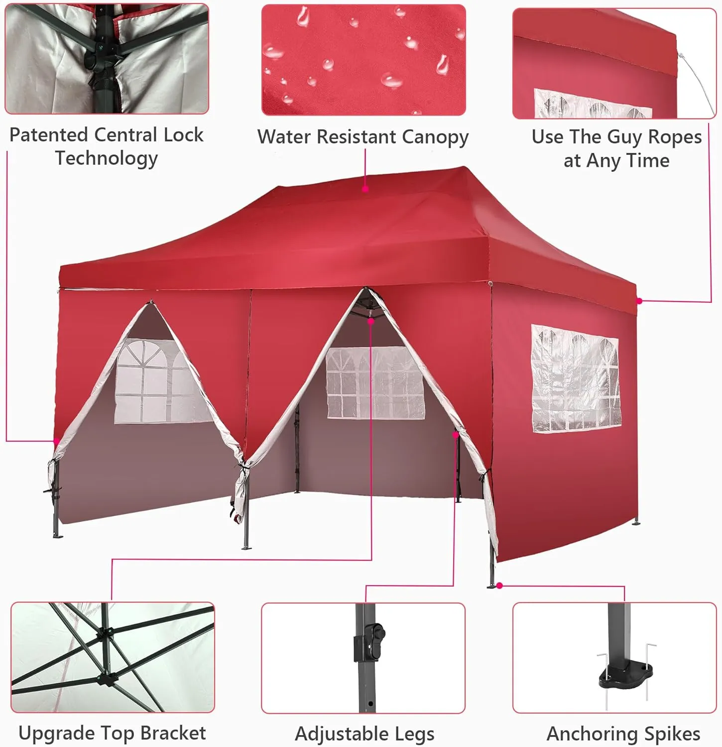GDY 10'x20' Pop Up Canopy, Folding Party Tent with 6-Panel Removable Sidewalls, Heavy Duty Outdoor Commercial Instant Gazebo with Wheeled Bag, Red.