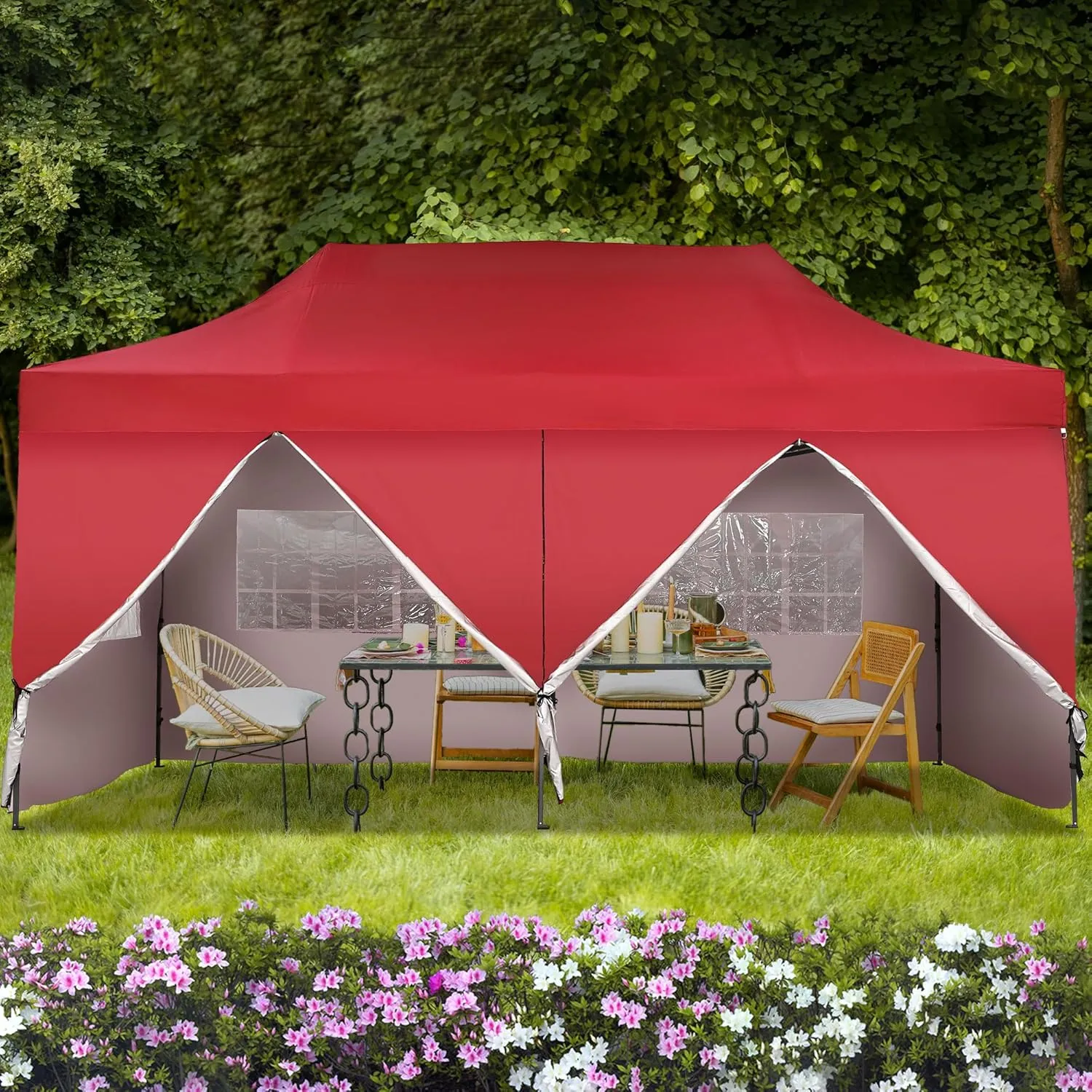 GDY 10'x20' Pop Up Canopy, Folding Party Tent with 6-Panel Removable Sidewalls, Heavy Duty Outdoor Commercial Instant Gazebo with Wheeled Bag, Red.