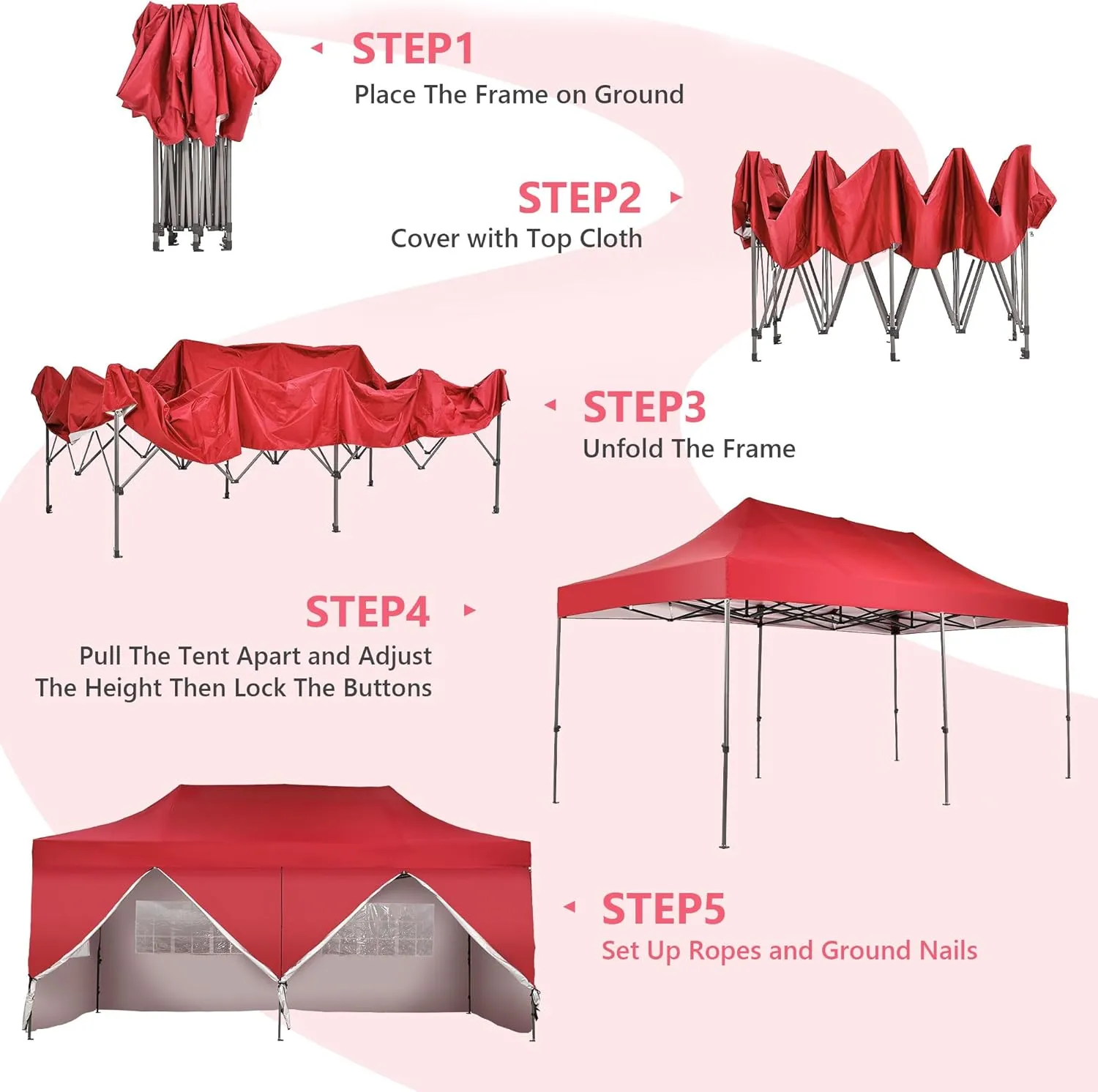 GDY 10'x20' Pop Up Canopy, Folding Party Tent with 6-Panel Removable Sidewalls, Heavy Duty Outdoor Commercial Instant Gazebo with Wheeled Bag, Red.