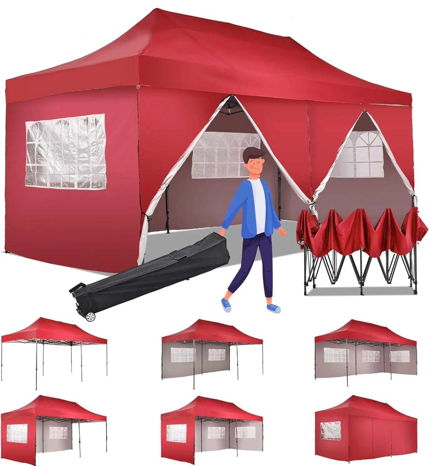 GDY 10'x20' Pop Up Canopy, Folding Party Tent with 6-Panel Removable Sidewalls, Heavy Duty Outdoor Commercial Instant Gazebo with Wheeled Bag, Red.