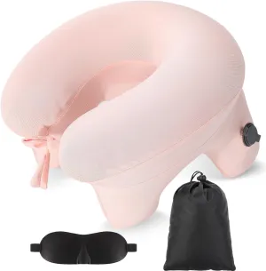 Geelin Inflatable Travel Pillow for Airplane Lightweight Table Inflatable Neck Supports Head and Chin with Compact Bag and Blindfold U Shaped Pillow for Traveling, Train, Car, Office Table(Pink)