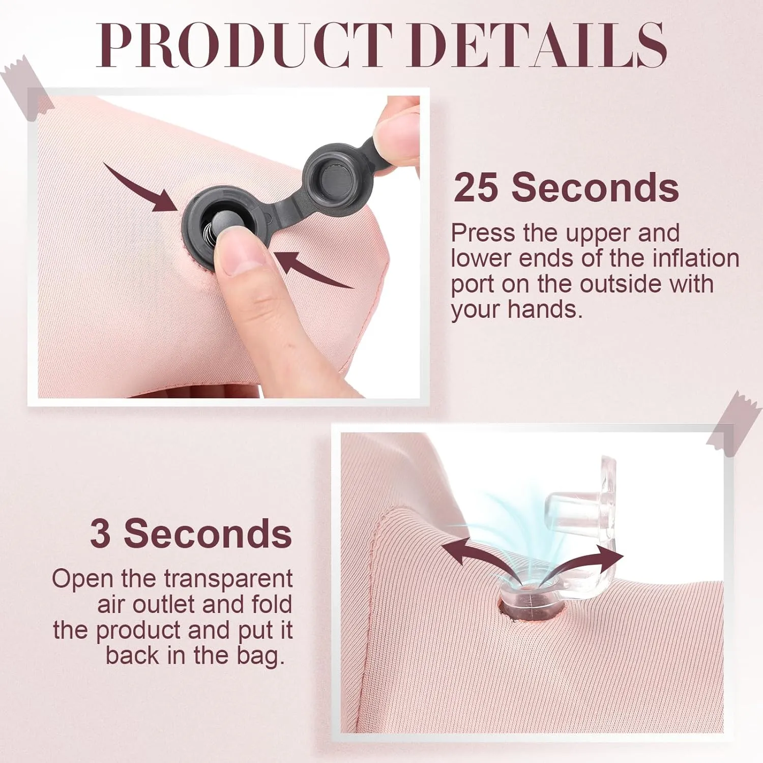 Geelin Inflatable Travel Pillow for Airplane Lightweight Table Inflatable Neck Supports Head and Chin with Compact Bag and Blindfold U Shaped Pillow for Traveling, Train, Car, Office Table(Pink)
