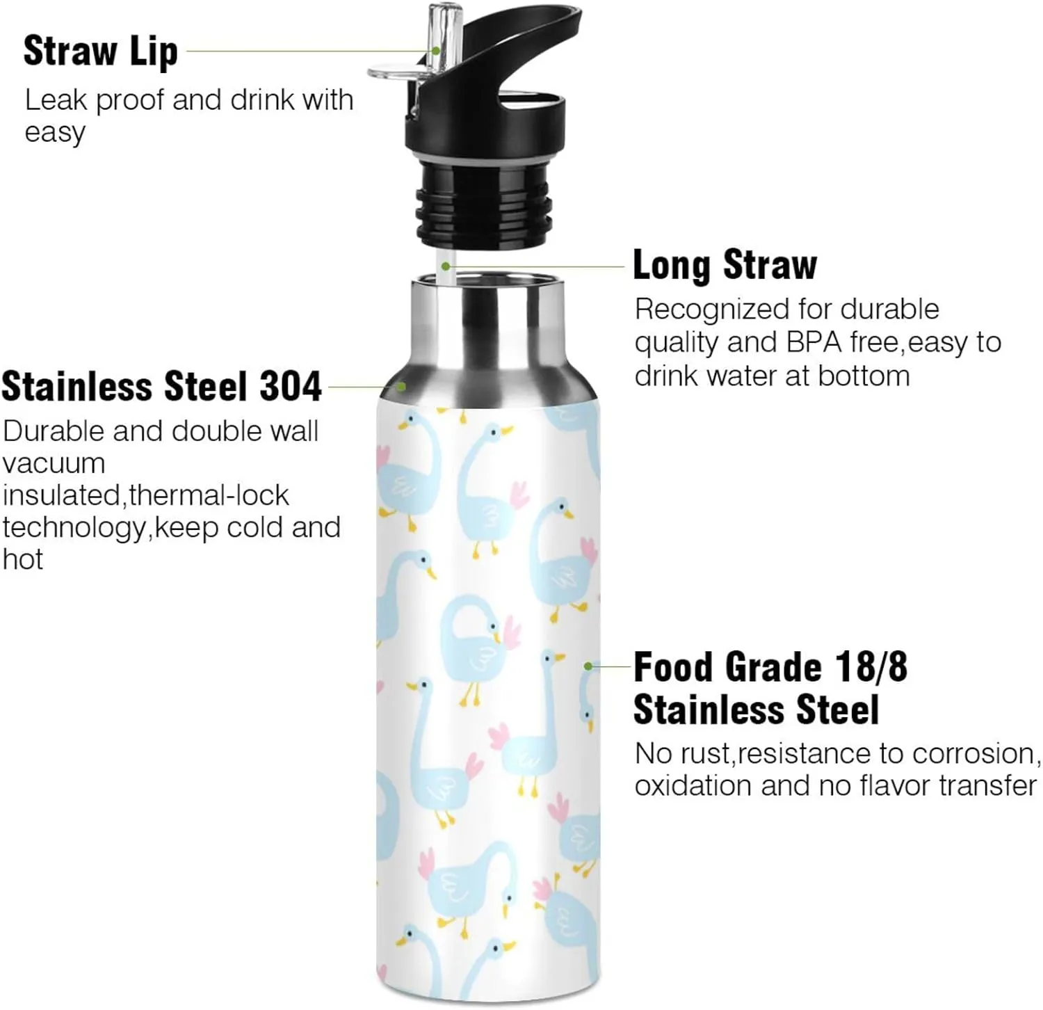 Geese Water Bottle with Straw Lid Double Wall Cute Thermos Bottle Vacuum Insulated Flask Stainless Steel Water Bottle for Gym Outdoor 20 OZ
