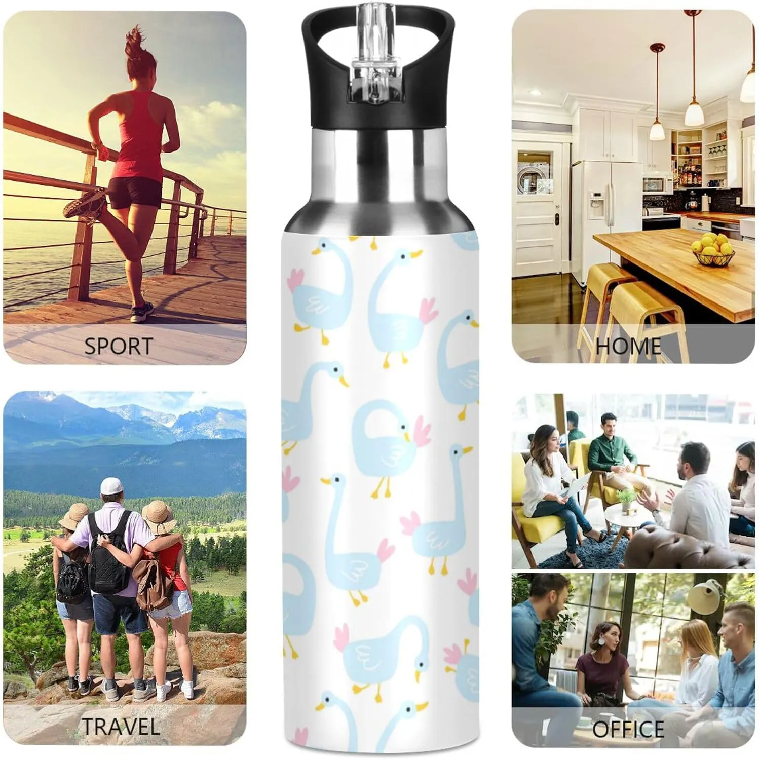 Geese Water Bottle with Straw Lid Double Wall Cute Thermos Bottle Vacuum Insulated Flask Stainless Steel Water Bottle for Gym Outdoor 20 OZ