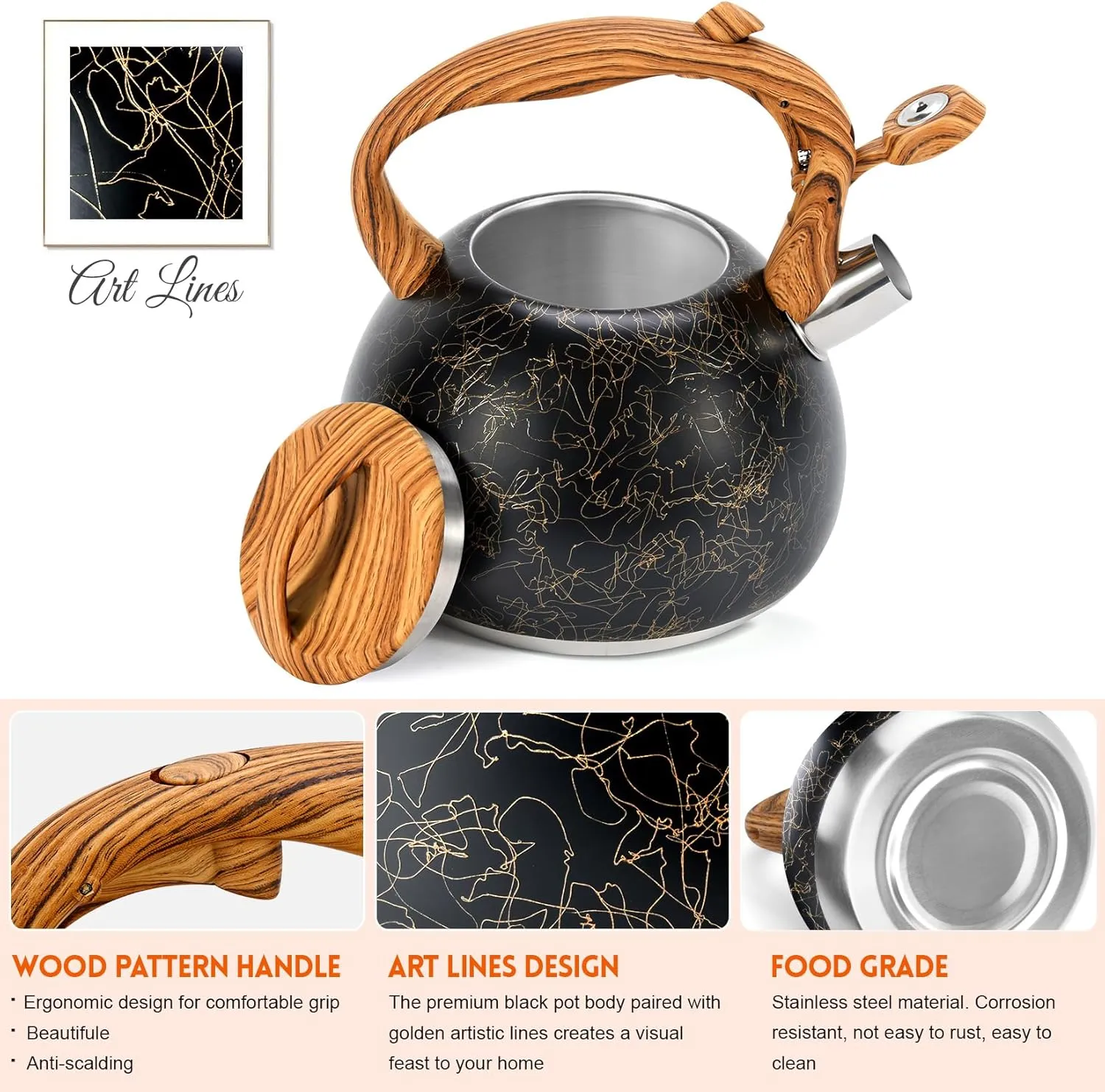 GGC Tea Kettle for Stove Top, Loud Whistling Kettle for Boiling Water Coffee or Milk, 3.1 Quart Stainless Steel Art Line Black Kettle with Wood Pattern Handle, Unique Button Control Kettle Outlet