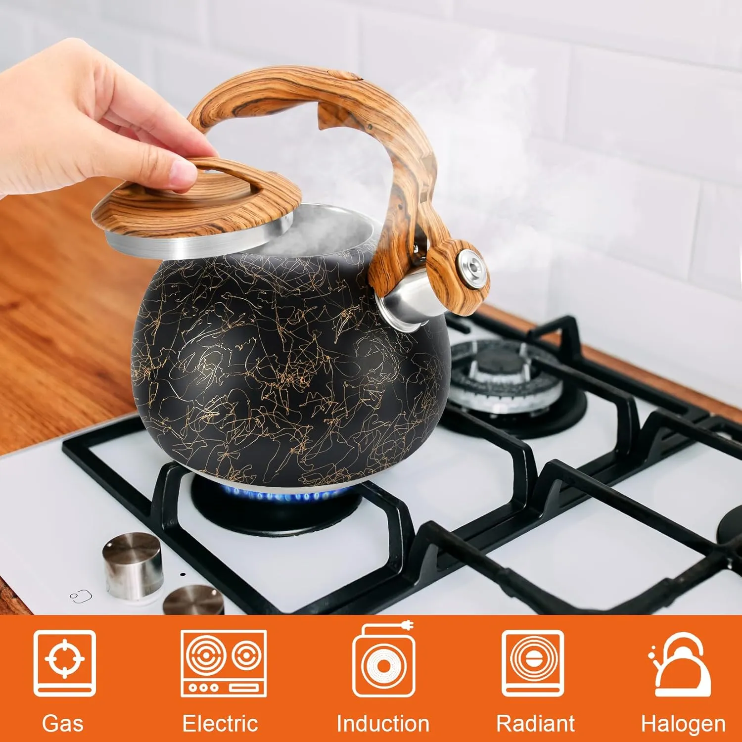 GGC Tea Kettle for Stove Top, Loud Whistling Kettle for Boiling Water Coffee or Milk, 3.1 Quart Stainless Steel Art Line Black Kettle with Wood Pattern Handle, Unique Button Control Kettle Outlet