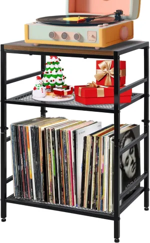 GIOTORENT 3-Tier Record Player Stand with Vinyl Storage, Tall Nightstand with Adjustable Shelf, Narrow Side Table/Bedside Table for Living Room, Bedroom, Office, Bathroom, Rustic Brown and Black
