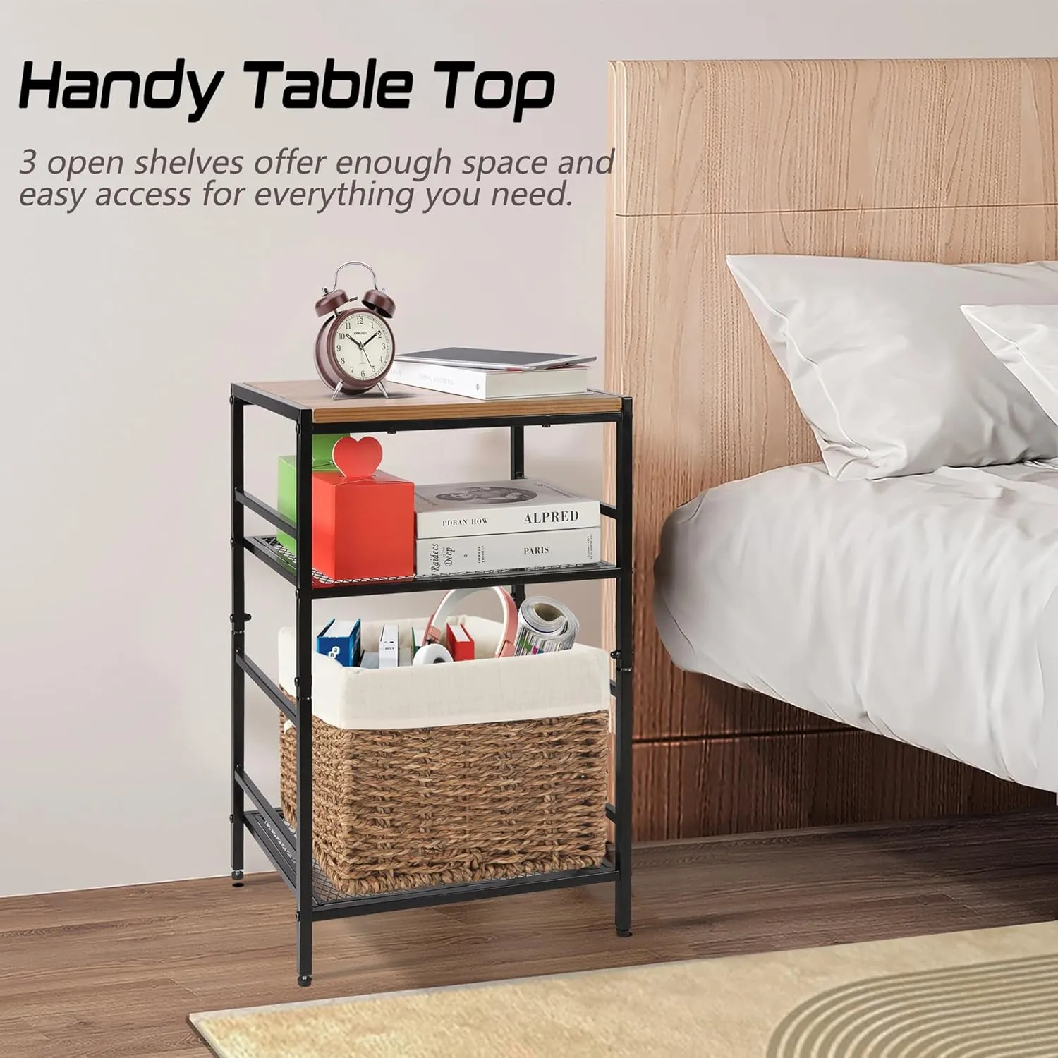 GIOTORENT 3-Tier Record Player Stand with Vinyl Storage, Tall Nightstand with Adjustable Shelf, Narrow Side Table/Bedside Table for Living Room, Bedroom, Office, Bathroom, Rustic Brown and Black