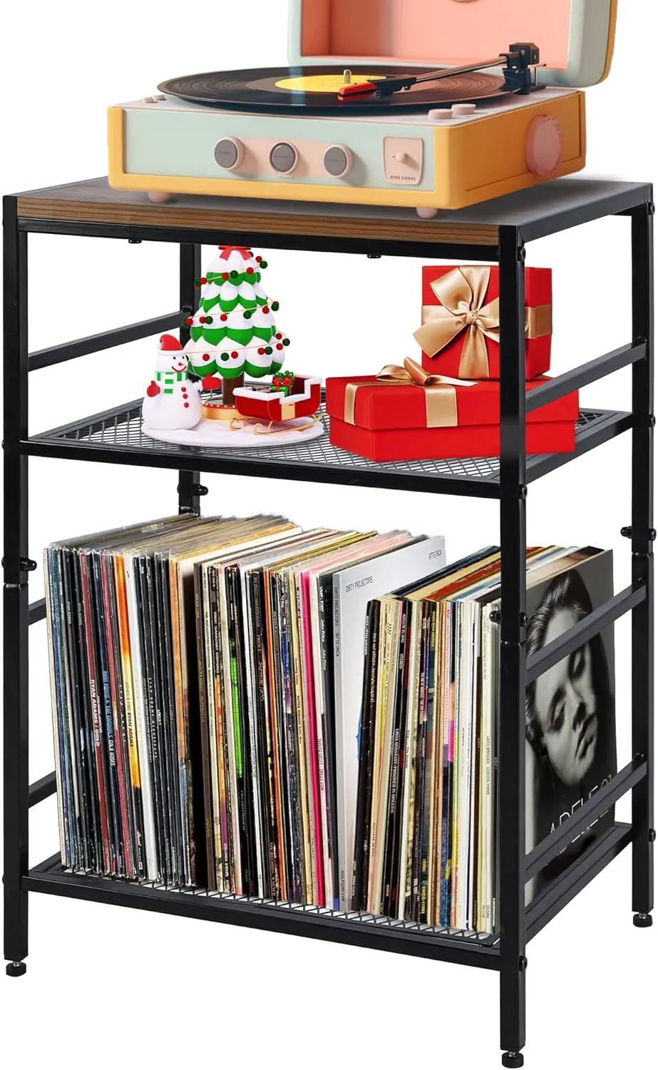 GIOTORENT 3-Tier Record Player Stand with Vinyl Storage, Tall Nightstand with Adjustable Shelf, Narrow Side Table/Bedside Table for Living Room, Bedroom, Office, Bathroom, Rustic Brown and Black