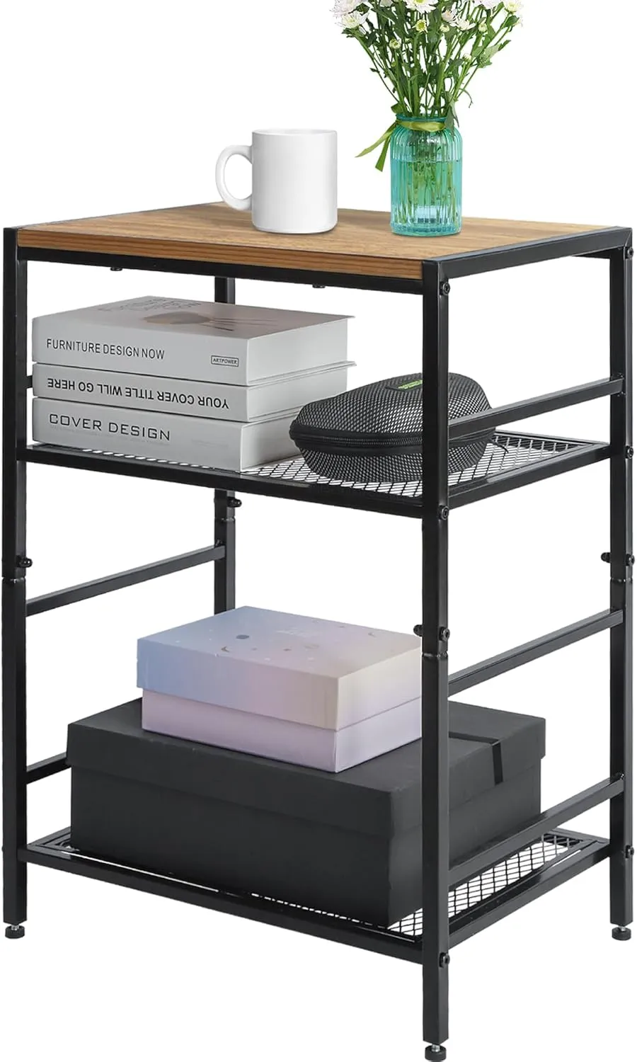 GIOTORENT 3-Tier Record Player Stand with Vinyl Storage, Tall Nightstand with Adjustable Shelf, Narrow Side Table/Bedside Table for Living Room, Bedroom, Office, Bathroom, Rustic Brown and Black