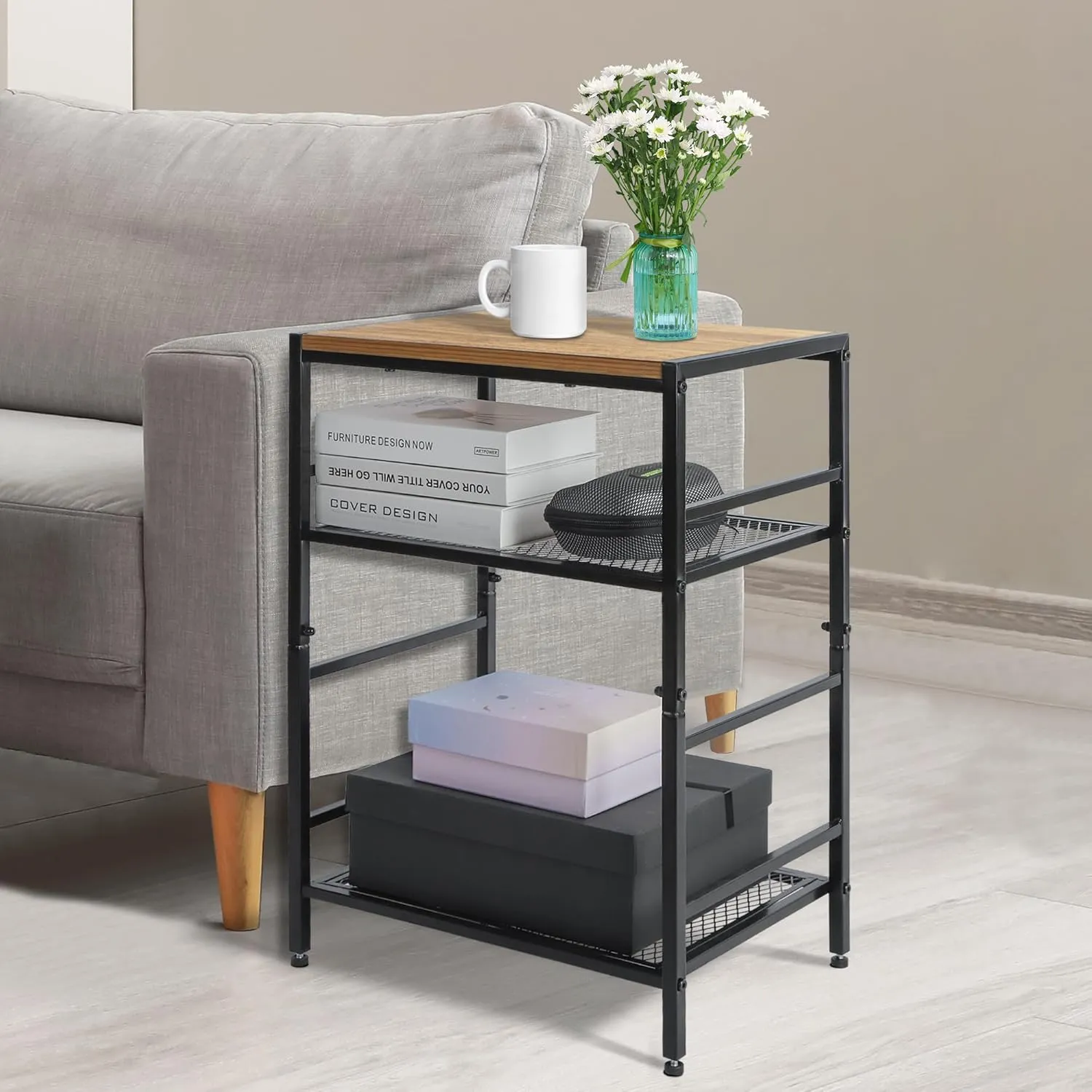 GIOTORENT 3-Tier Record Player Stand with Vinyl Storage, Tall Nightstand with Adjustable Shelf, Narrow Side Table/Bedside Table for Living Room, Bedroom, Office, Bathroom, Rustic Brown and Black