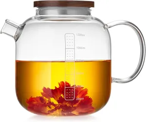 Glass Teapot with Infuser and Lid 40.6 fl oz, Stovetop Gas Safe, Thickened Heat Resistant Borosilicate Glass Tea Kettle