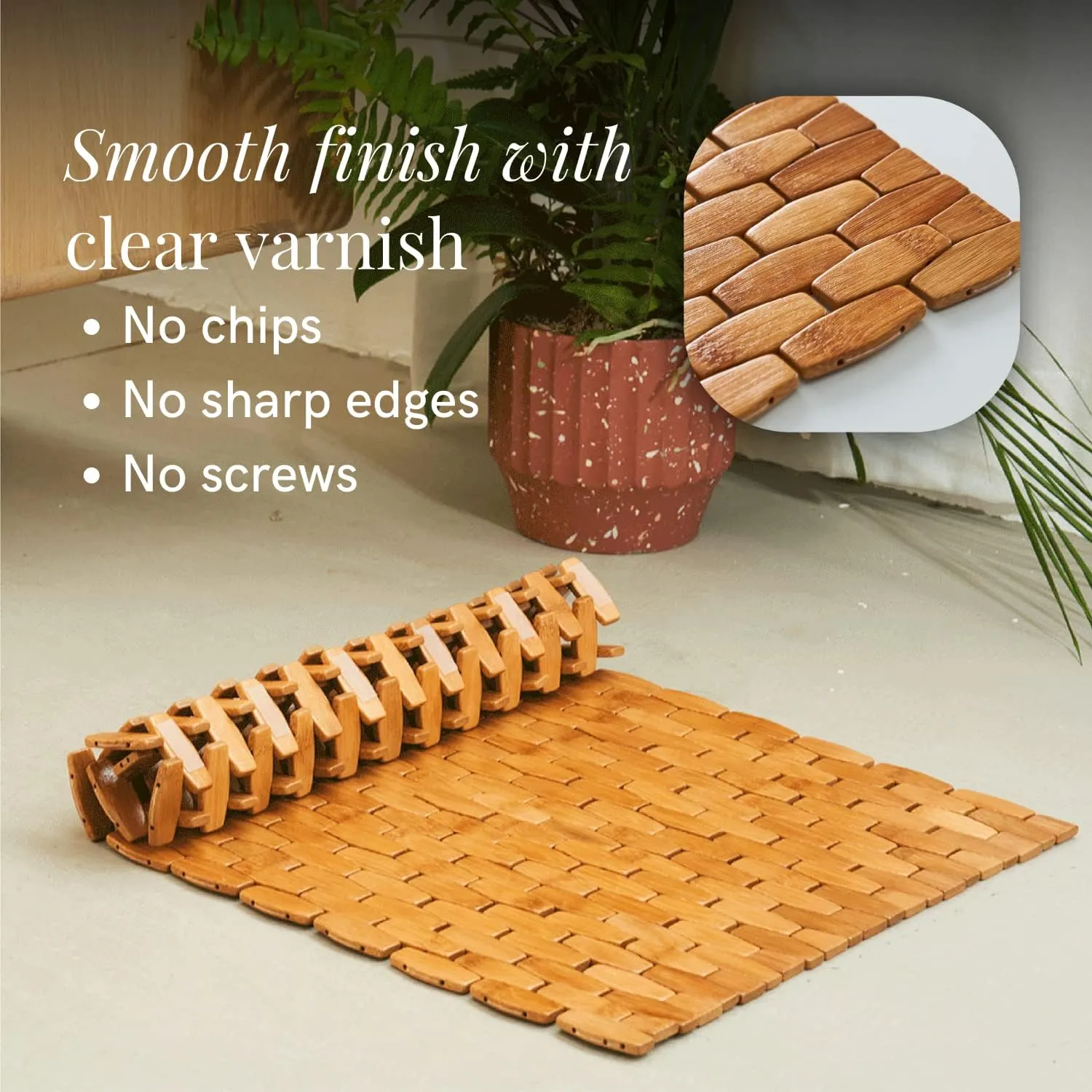 GOBAM Rollable Bamboo Bathroom Floor Mat - Non-Slip Bathtub Mat for Spa, Sauna, Kitchen, Outdoor Shower, RV, Water-Resistant Wooden Shower Mat - Natural, 23.6 x 15.7 inch