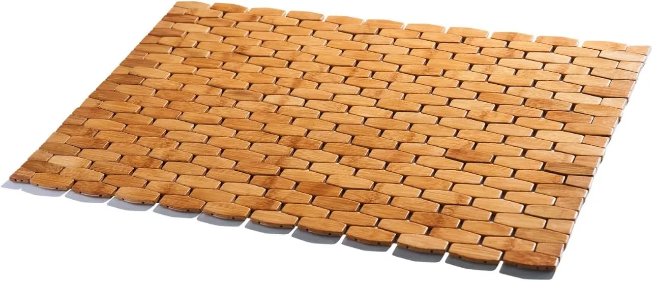 GOBAM Rollable Bamboo Bathroom Floor Mat - Non-Slip Bathtub Mat for Spa, Sauna, Kitchen, Outdoor Shower, RV, Water-Resistant Wooden Shower Mat - Natural, 23.6 x 15.7 inch