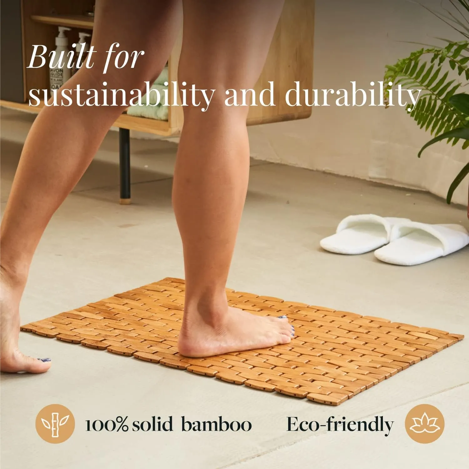 GOBAM Rollable Bamboo Bathroom Floor Mat - Non-Slip Bathtub Mat for Spa, Sauna, Kitchen, Outdoor Shower, RV, Water-Resistant Wooden Shower Mat - Natural, 23.6 x 15.7 inch