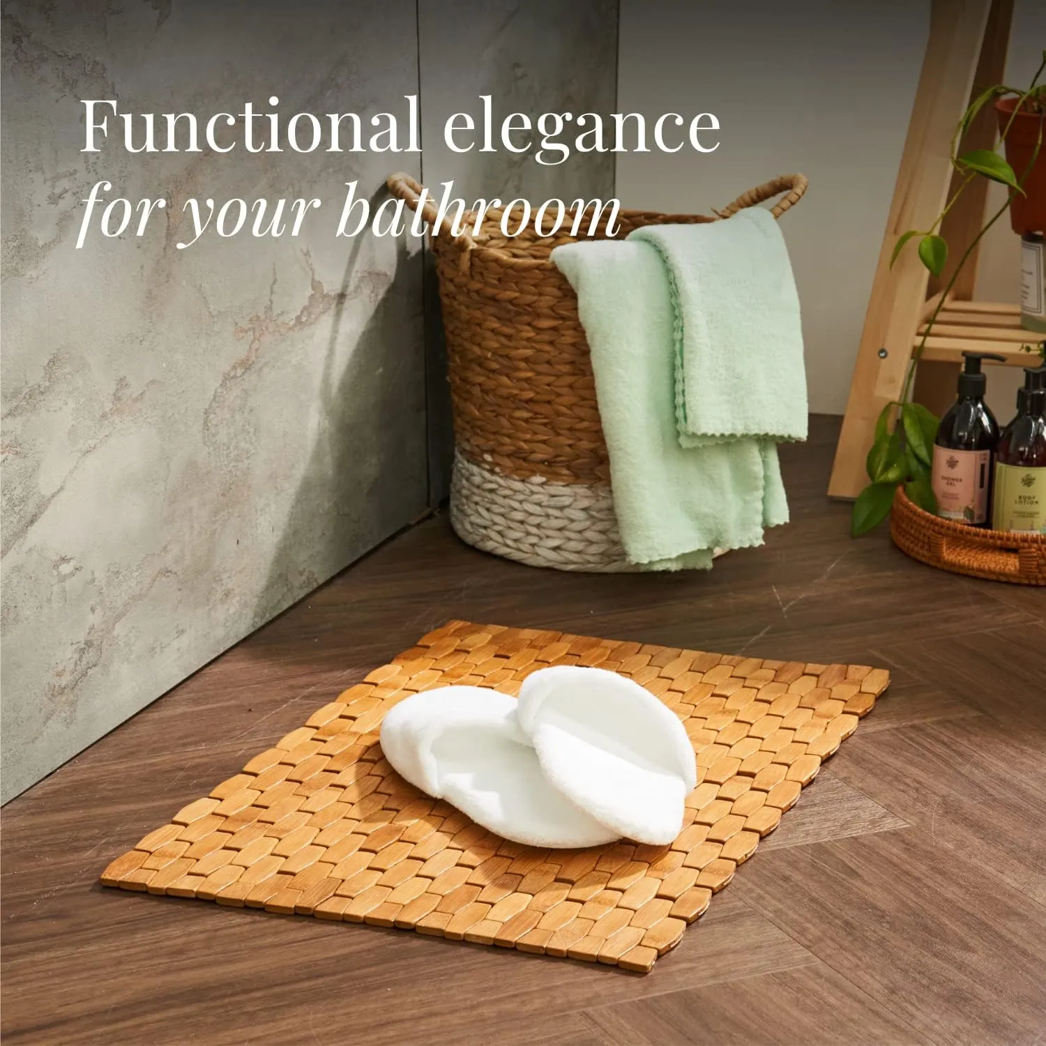 GOBAM Rollable Bamboo Bathroom Floor Mat - Non-Slip Bathtub Mat for Spa, Sauna, Kitchen, Outdoor Shower, RV, Water-Resistant Wooden Shower Mat - Natural, 23.6 x 15.7 inch