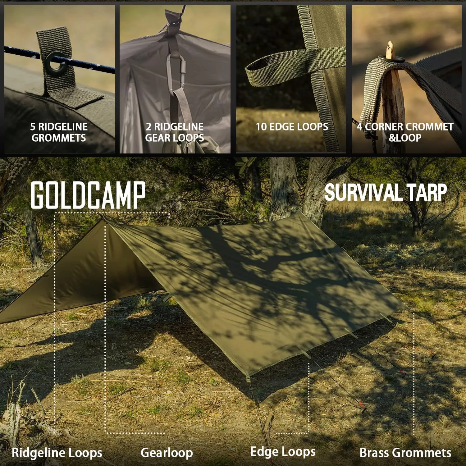 GOLDCAMP Bushcraft Emergency Camping Tarp，70D Nylon 10X13.2FT Hammock Rain Fly ，UV 50  and PU15000mm Tent Tarp Shelter Canopy，Heavy Duty Multifunctional Sun Shade Essentials for Hiking (10X13.2ft)
