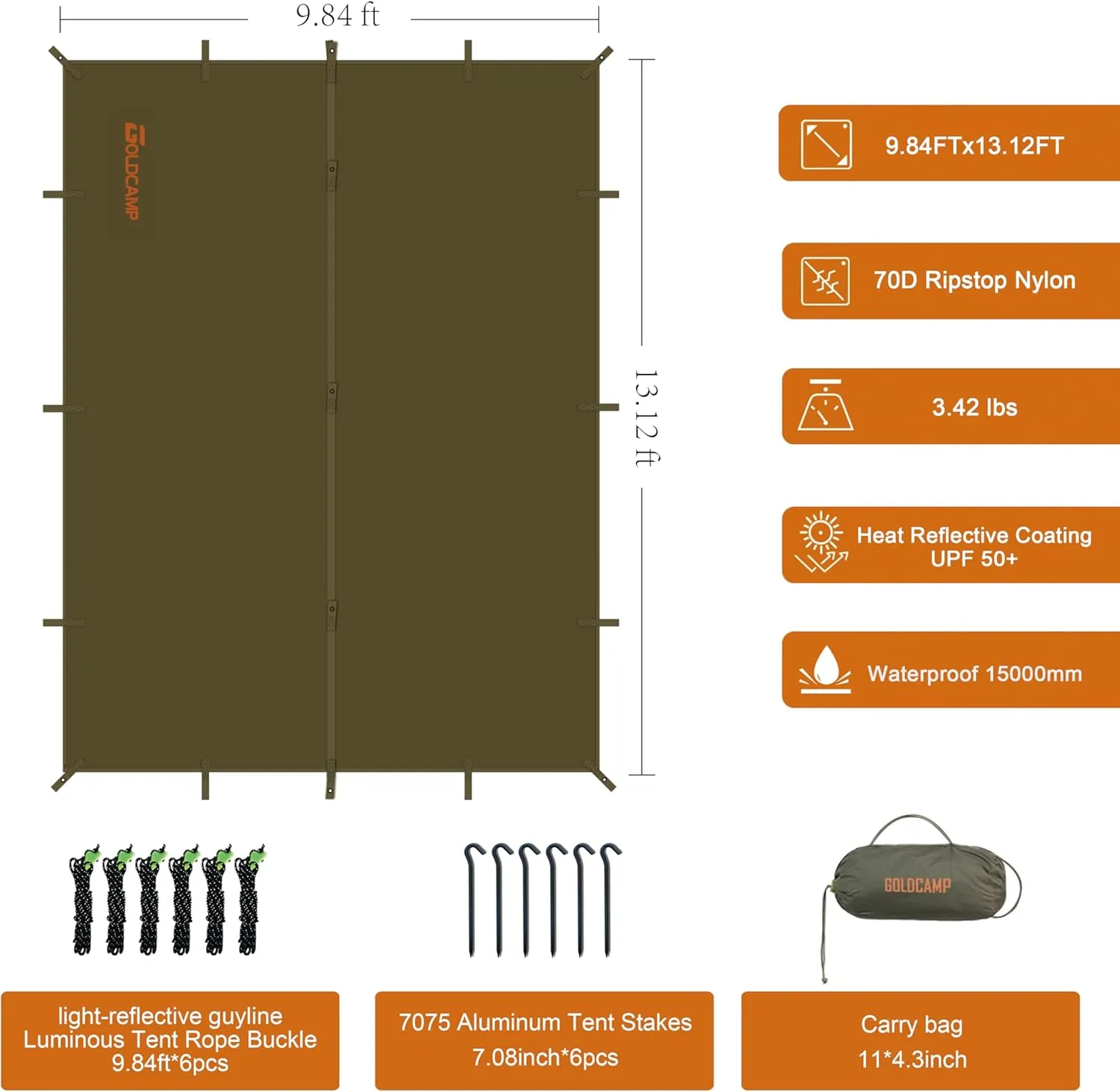 GOLDCAMP Bushcraft Emergency Camping Tarp，70D Nylon 10X13.2FT Hammock Rain Fly ，UV 50  and PU15000mm Tent Tarp Shelter Canopy，Heavy Duty Multifunctional Sun Shade Essentials for Hiking (10X13.2ft)