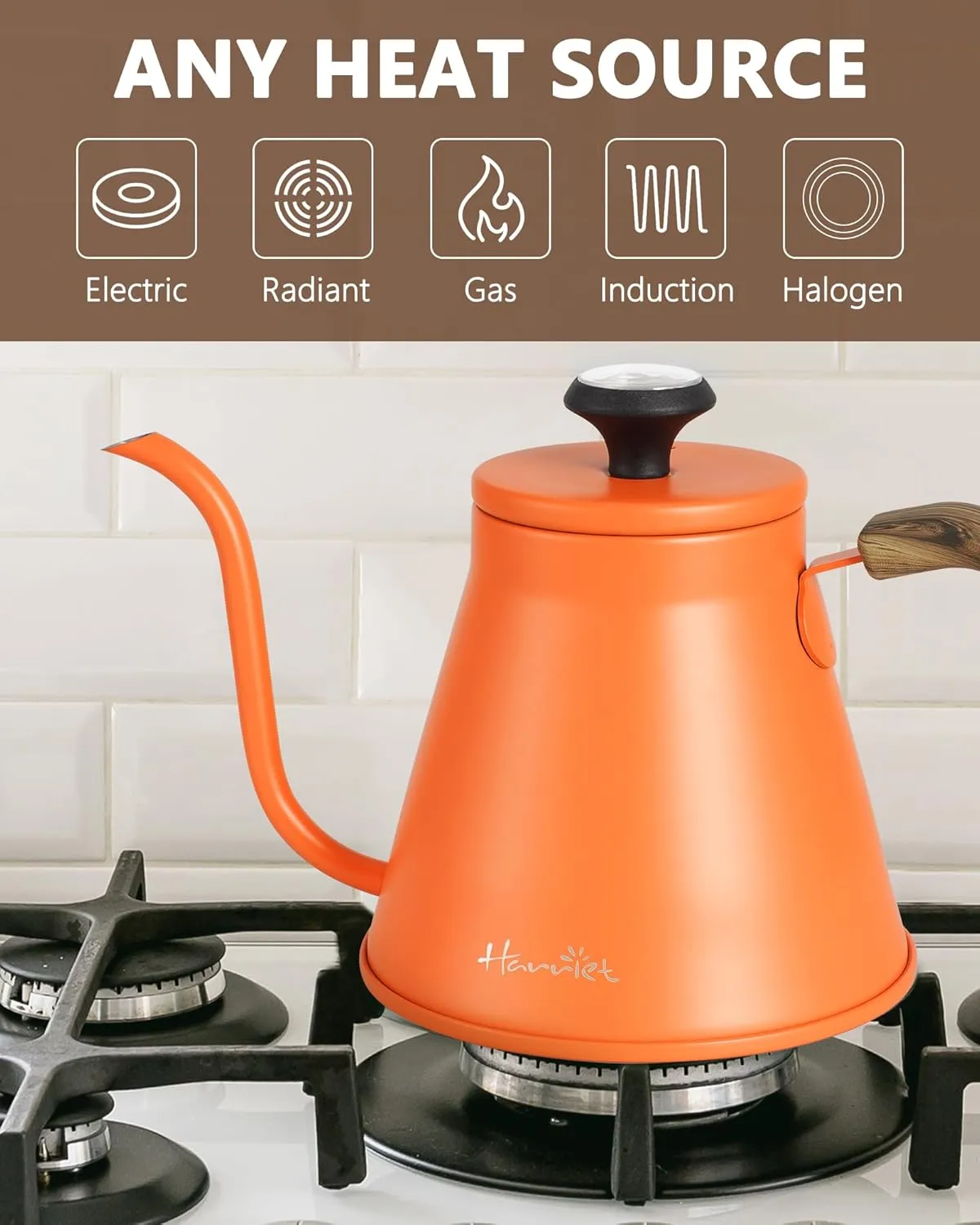 Gooseneck Kettle, Harriet 37oz Pour Over Kettle with Thermometer, Coffee kettle for Stovetop, Stainless Steel Kettle with 3-Layer Base, Anti-Hot Handle, for Drip Coffee & Tea, Orange
