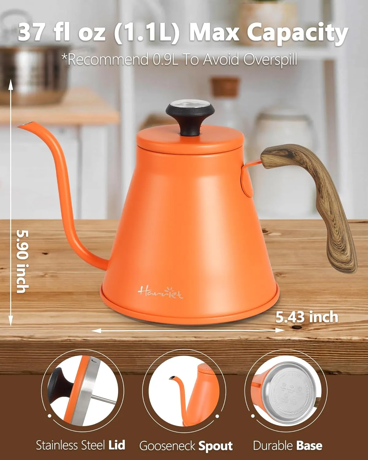 Gooseneck Kettle, Harriet 37oz Pour Over Kettle with Thermometer, Coffee kettle for Stovetop, Stainless Steel Kettle with 3-Layer Base, Anti-Hot Handle, for Drip Coffee & Tea, Orange