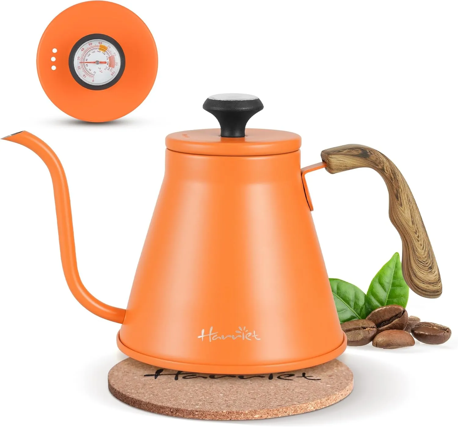 Gooseneck Kettle, Harriet 37oz Pour Over Kettle with Thermometer, Coffee kettle for Stovetop, Stainless Steel Kettle with 3-Layer Base, Anti-Hot Handle, for Drip Coffee & Tea, Orange
