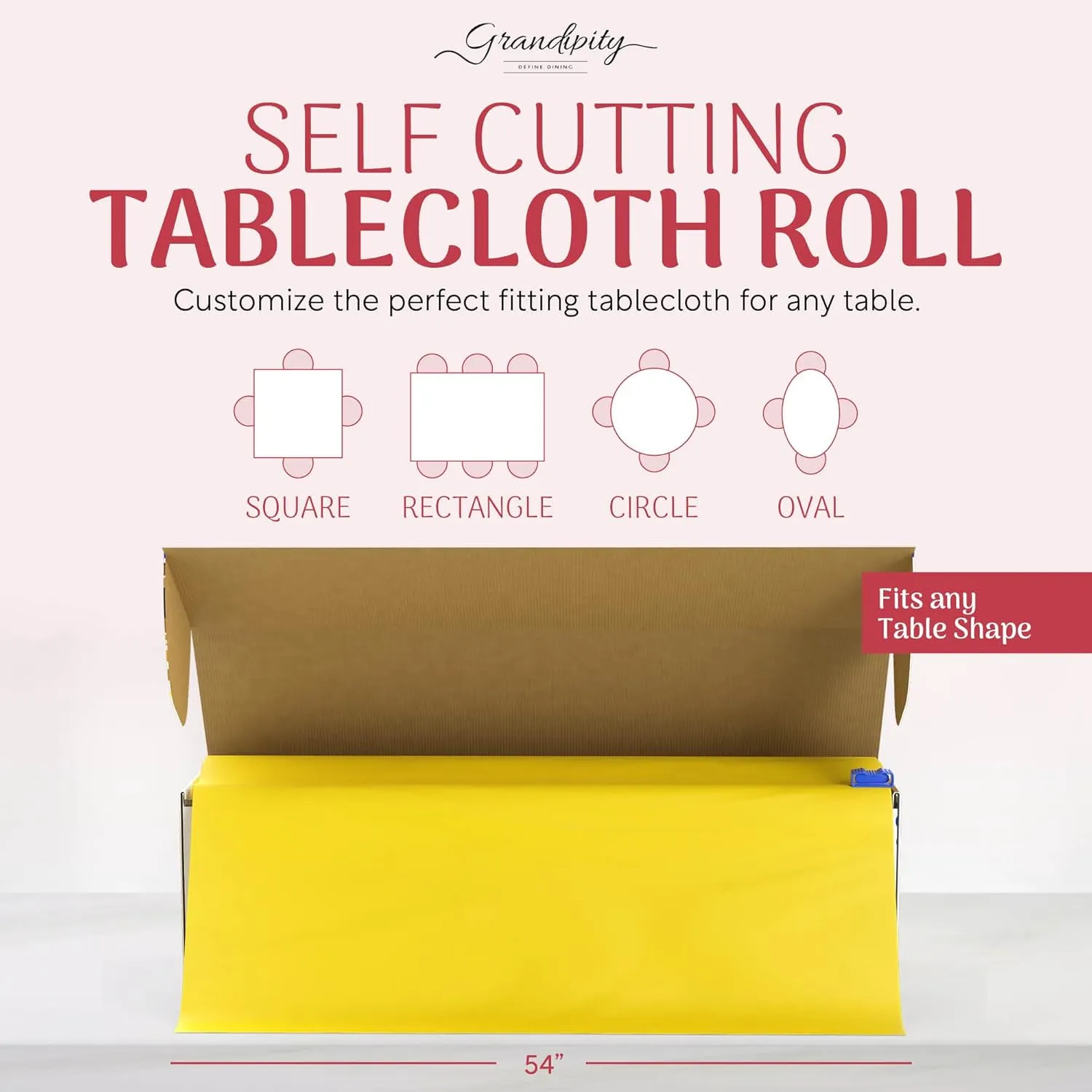 Grandipity Plastic Tablecloth Roll - 54" x300' Yellow Plastic Table Cloths for Parties Disposable with Cutter Box - Cut to Size Disposable Tablecloth Plastic Table Cover for Rectangle & Round