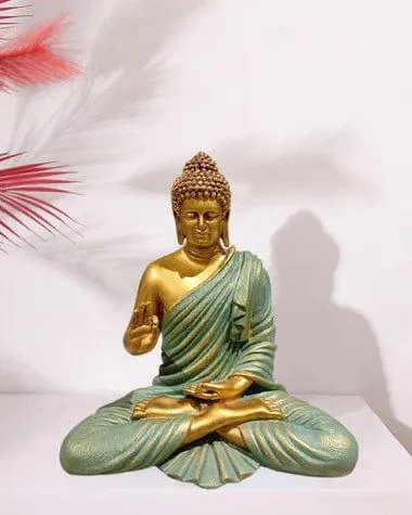 Green & Gold Polyresin Buddha Sculpture For Home Decoration