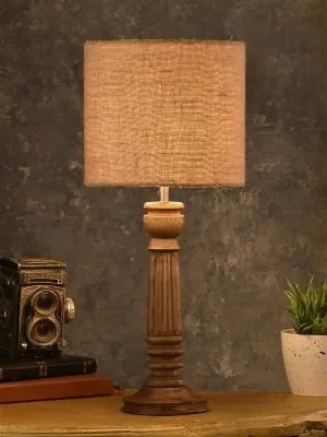 Green Girgit Pillar Brown Lamp With Brown Jute Shade