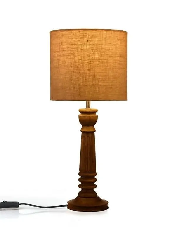Green Girgit Pillar Brown Lamp With Brown Jute Shade
