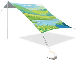 Green Summer Landscape Designed UPF50 Beach Canopy Waterproof Outdoor Sun Shade with Sandbags & Sand Shovel for Camping, Picnics, Backyard & Fishing Silla con sombrilla para Playa