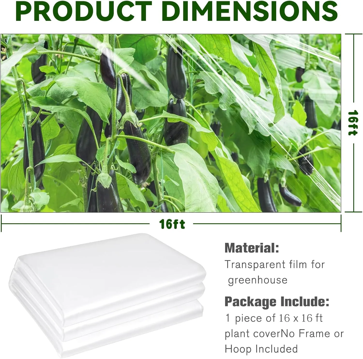 Greenhouse Plastic Sheeting- 6 mil Clear Plastic Sheeting -Waterproof Cover, UV Resistant Poly Tarp Hoop Covering for Farms Greenhouse Garden Outdoor, 16x16 FT