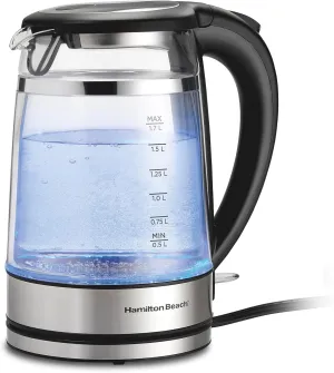 Hamilton Beach Double Wall 1.7L Electric Kettle, Water Boiler & Heater, Built-In Mesh Filter, Auto-Shutoff & Boil-Dry Protection, Cordless Serving, Variable LED Indicator, Glass (40850)