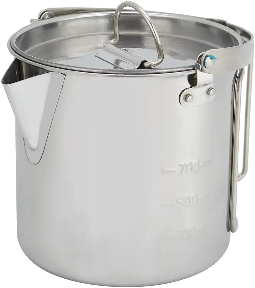 Hanging Camping Coffee Pot, 1.2L Stainless Steel Portable Camping Percolator Outdoor Teapot with Handles and with Lids for Hiking, Picnic, Backpacking