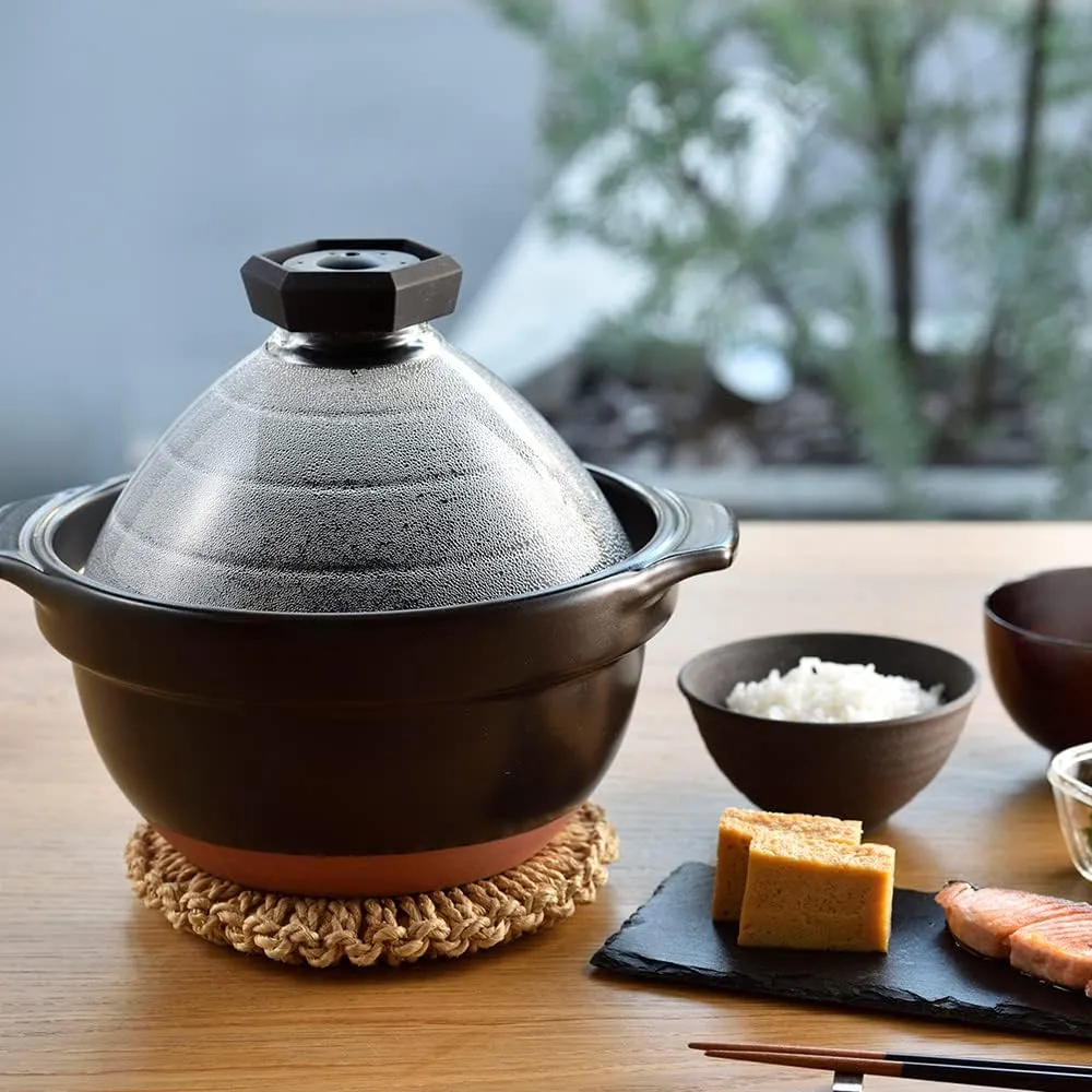 HARIO GNR-200-B-AZ Rice Pot with Glass Lid, 2 to 3 Cups, Banko Ware Rice Cooking, Earthenware Pot, Black