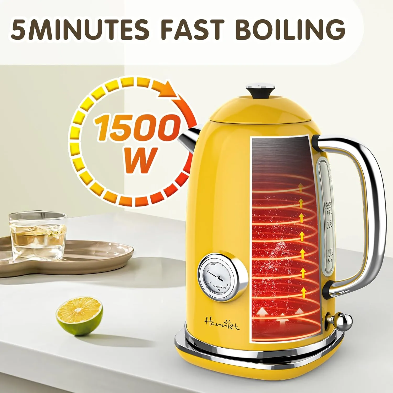 Harriet Electric Kettle, 1.8L Hot Water Boiler Electric with Thermometer, 1500W Stainless Steel Electric Water Kettle with LED Indicator, Auto Shut-Off & Boil Dry Protection, Yellow