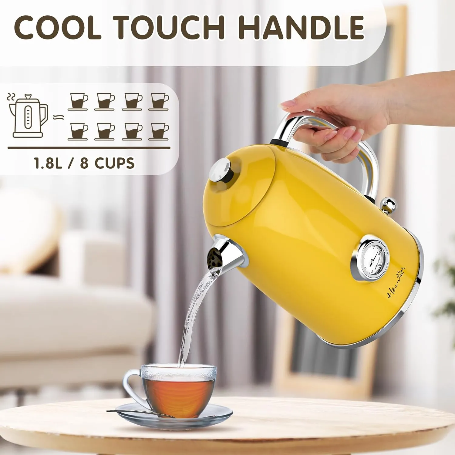 Harriet Electric Kettle, 1.8L Hot Water Boiler Electric with Thermometer, 1500W Stainless Steel Electric Water Kettle with LED Indicator, Auto Shut-Off & Boil Dry Protection, Yellow