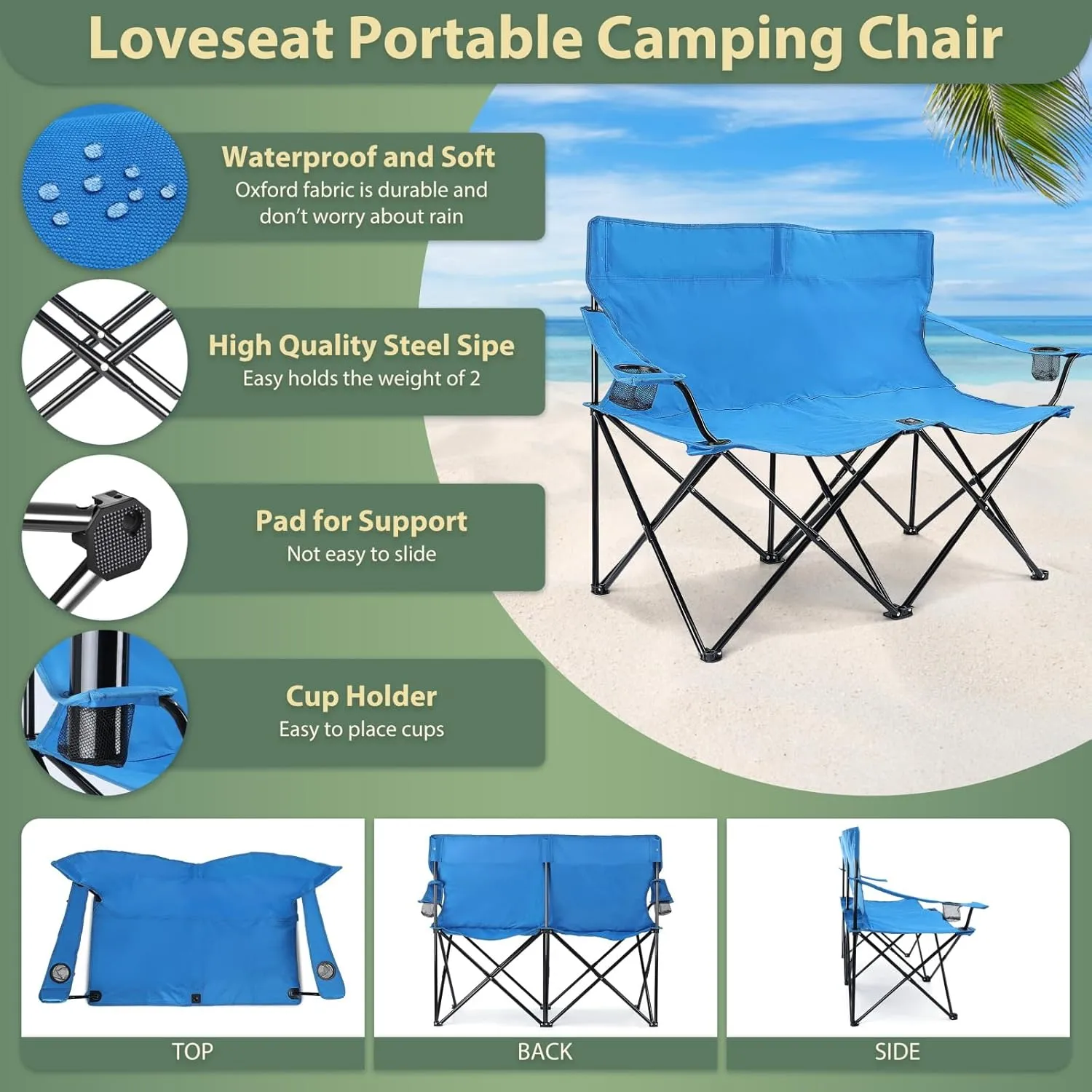 HaSteeL loveseat Camping Chair, Blue Double-Seat Beach Chair with Armrests, Grey Square Fold Up Lightweight Table for Backyard BBQ Fishing Indoor, Portable Chair & Table with Cup Holder, Oxford Fabric