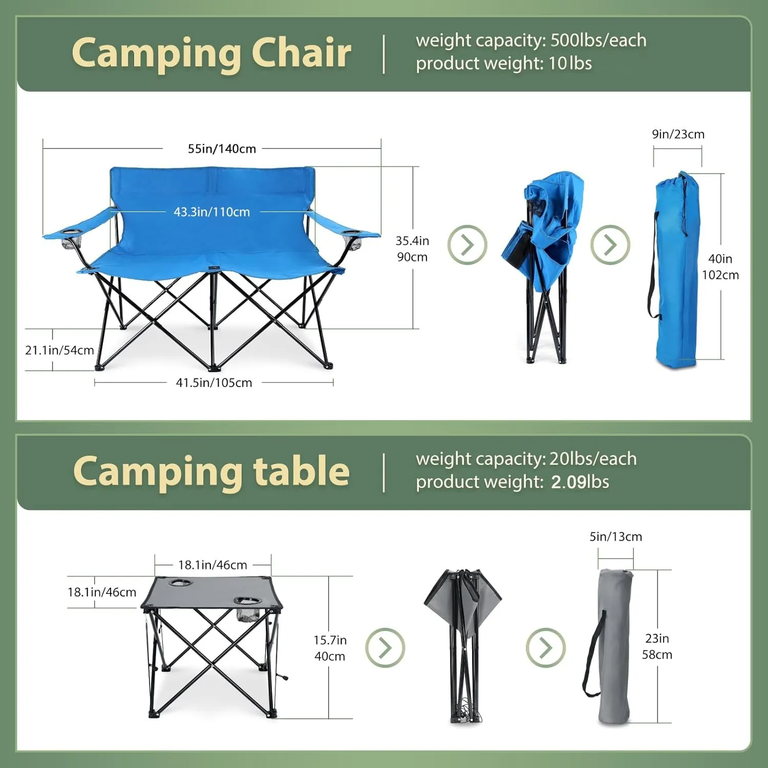 HaSteeL loveseat Camping Chair, Blue Double-Seat Beach Chair with Armrests, Grey Square Fold Up Lightweight Table for Backyard BBQ Fishing Indoor, Portable Chair & Table with Cup Holder, Oxford Fabric