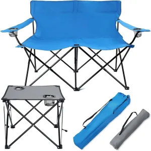 HaSteeL loveseat Camping Chair, Blue Double-Seat Beach Chair with Armrests, Grey Square Fold Up Lightweight Table for Backyard BBQ Fishing Indoor, Portable Chair & Table with Cup Holder, Oxford Fabric