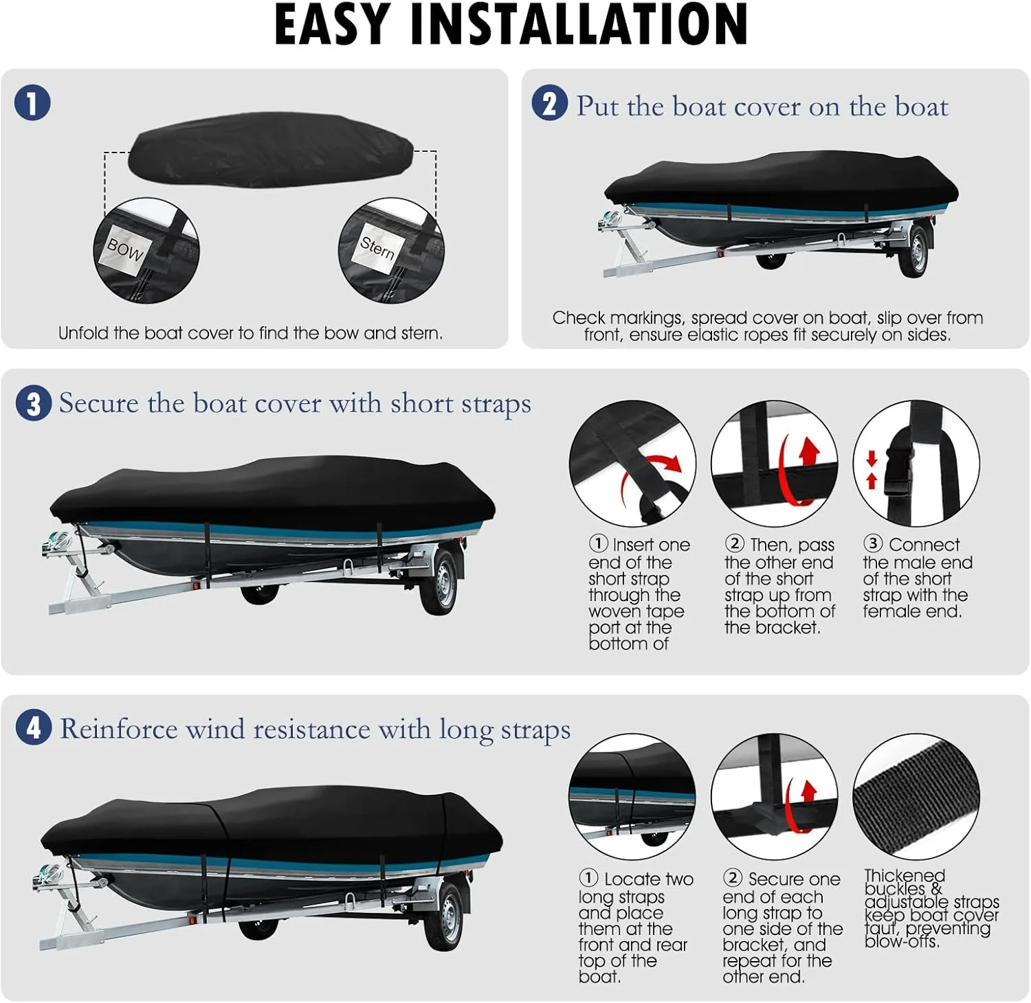 Heavy Duty Bass Boat Cover, 14'1"-17'1" Marine Grade Waterproof Tarp Covers with Adjustable Windproof Tightening Strap & Anti-UV fit for 14ft 15ft 16ft Jon Boat/V-Hull/Runabout/Fishing Boat.