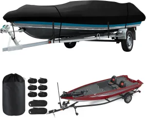 Heavy Duty Bass Boat Cover, 14'1"-17'1" Marine Grade Waterproof Tarp Covers with Adjustable Windproof Tightening Strap & Anti-UV fit for 14ft 15ft 16ft Jon Boat/V-Hull/Runabout/Fishing Boat.