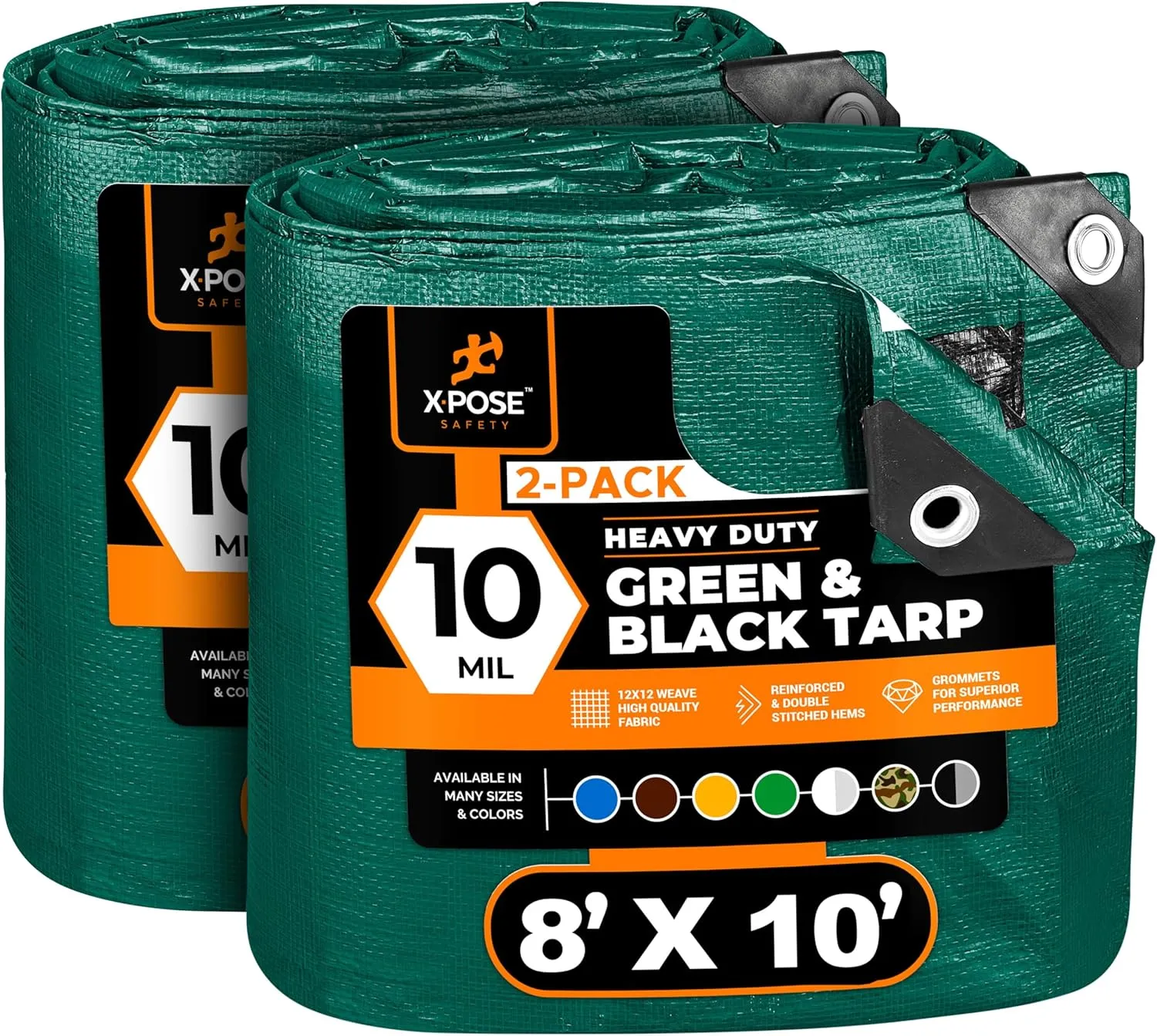Heavy Duty Poly Tarp - 8' x 10' (2-Pack) - 10 Mil Thick Waterproof, UV Blocking Protective Cover - Reversible Green and Black - Laminated Coating - Grommets - by Xpose Safety