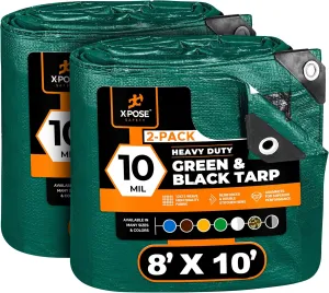 Heavy Duty Poly Tarp - 8' x 10' (2-Pack) - 10 Mil Thick Waterproof, UV Blocking Protective Cover - Reversible Green and Black - Laminated Coating - Grommets - by Xpose Safety