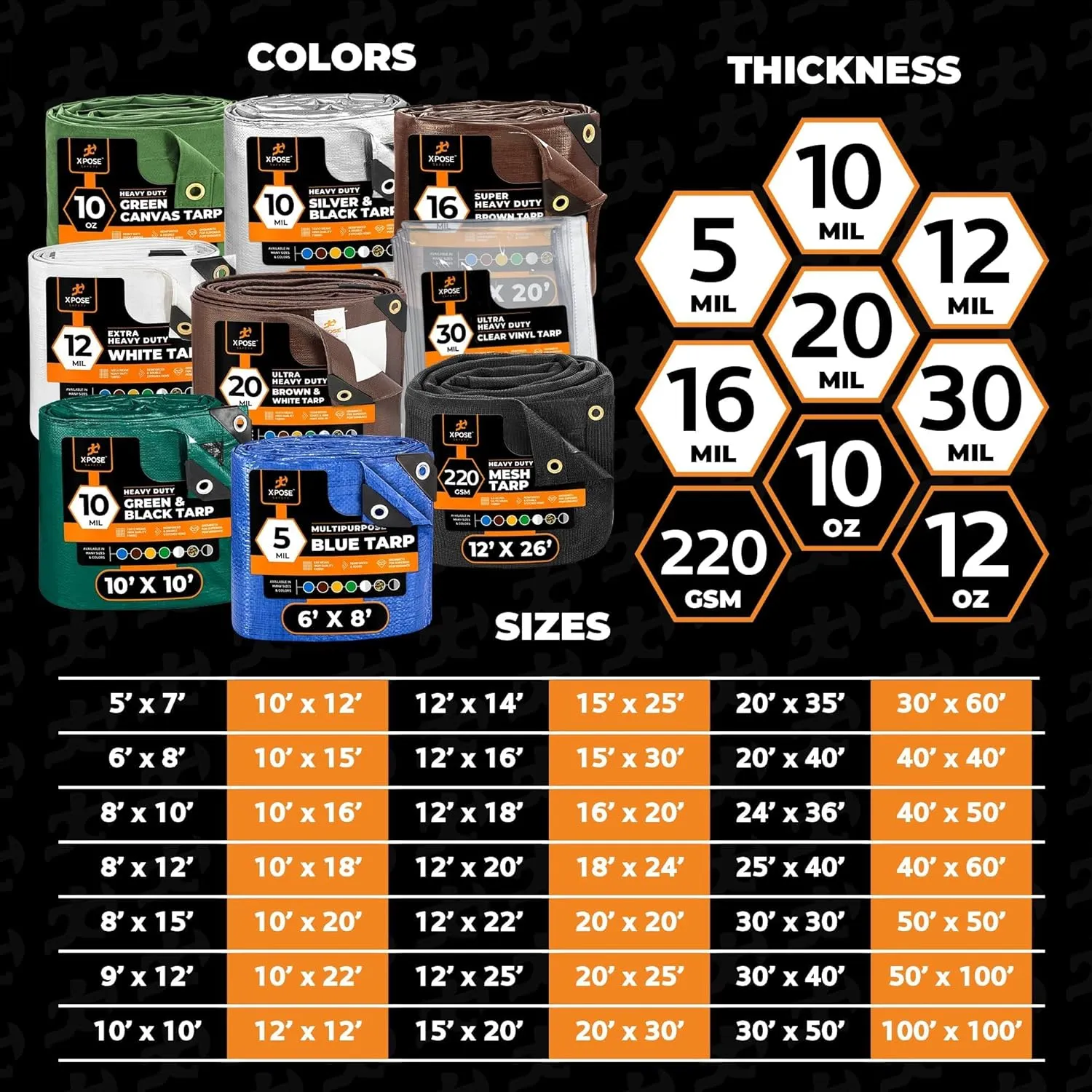 Heavy Duty Poly Tarp - 8' x 10' (2-Pack) - 10 Mil Thick Waterproof, UV Blocking Protective Cover - Reversible Green and Black - Laminated Coating - Grommets - by Xpose Safety